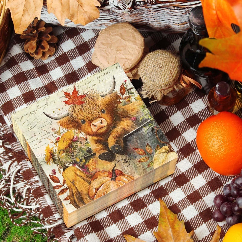 JarThenaAMCS 80 قطعة من المناديل الورقية الخريفية مناديل بقرة المرتفعات اليقطين للاستعمال مرة واحدة، مناديل مائدة الغداء المزخرفة لعيد الشكر لمستلزمات حفلات الزفاف في الخريف - Image 5